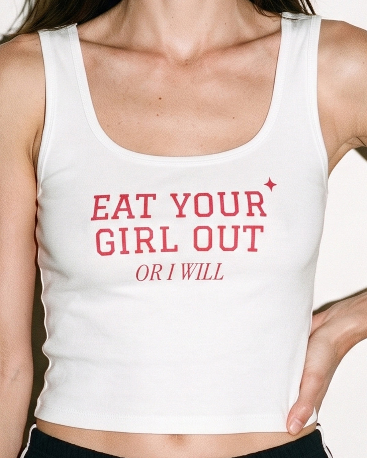 Eat Your Girl Out Or I Will Crop Tank, print close-up