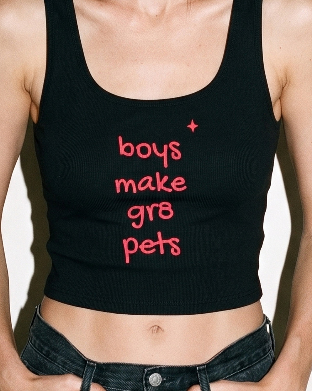 Boys Make Gr8 Pets Crop Tank, print close-up
