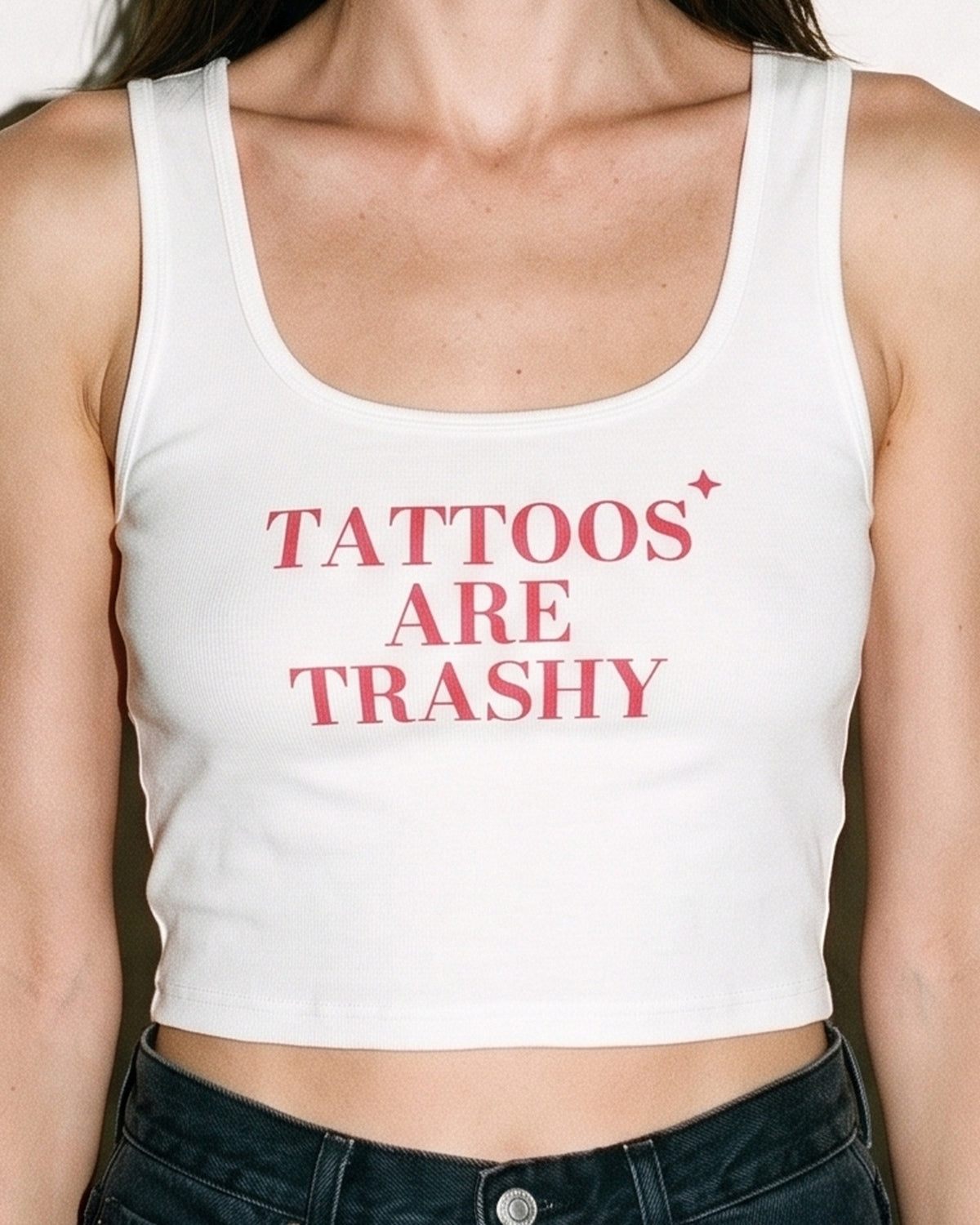 Tattoos Are Trashy Crop Tank, print close-up