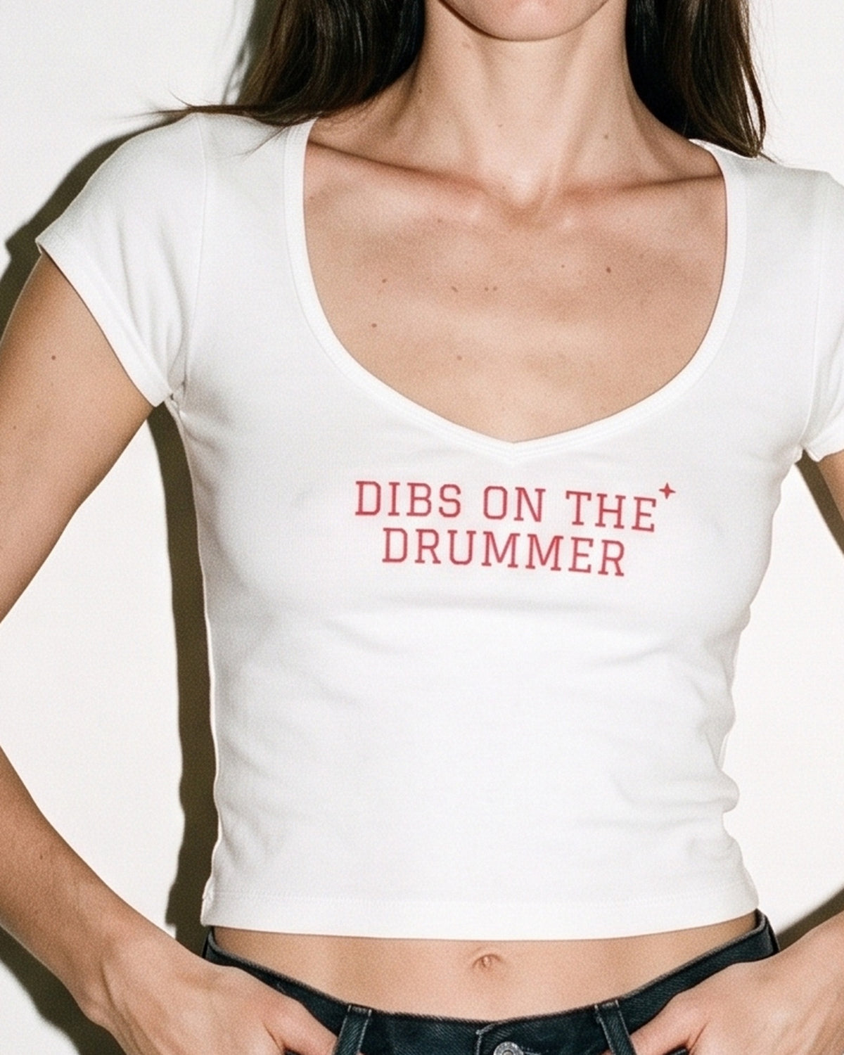 Dibs On The Drummer Baby Tee, print close-up
