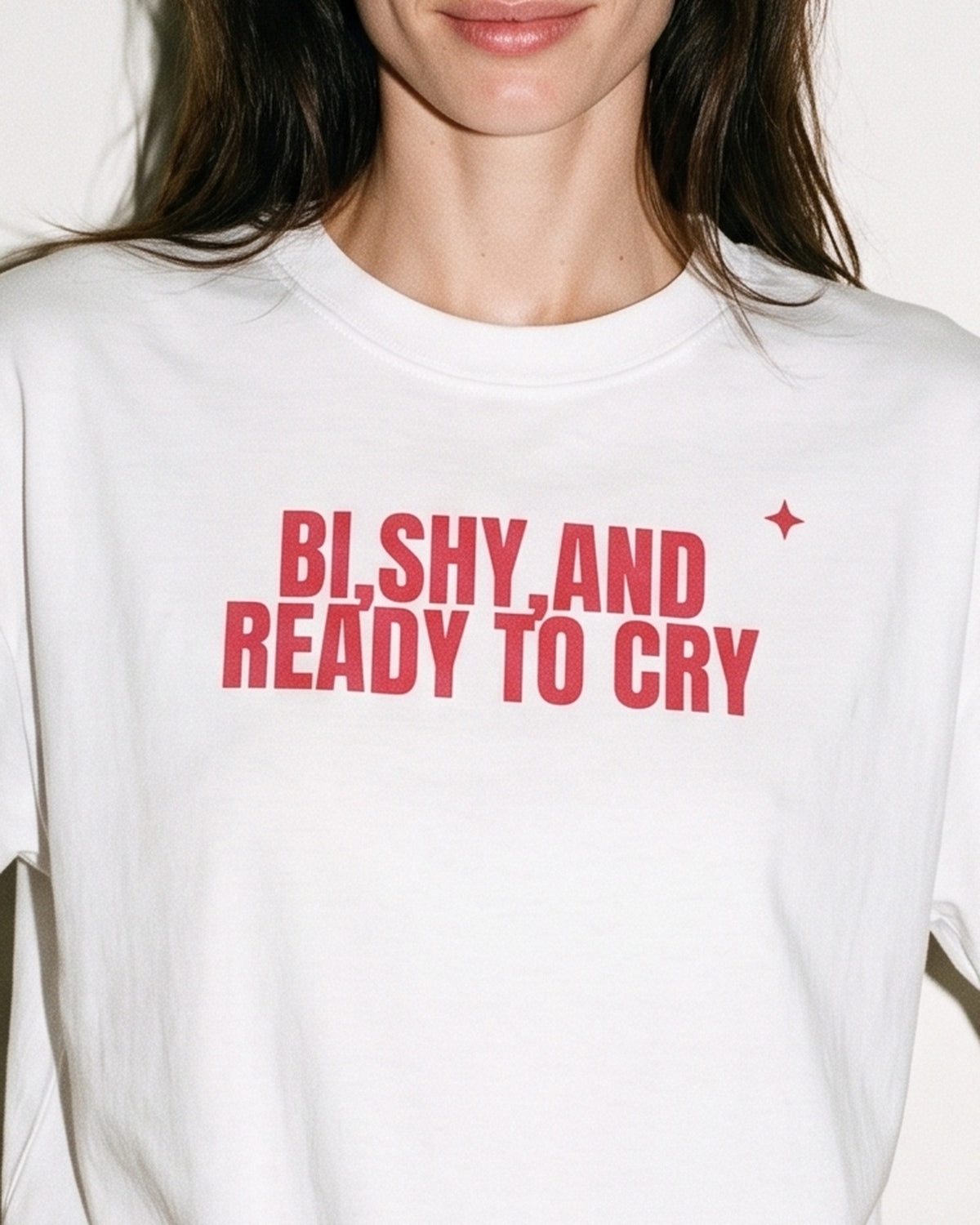 Bi, Shy, And Ready To Cry Oversized Tee, print close-up