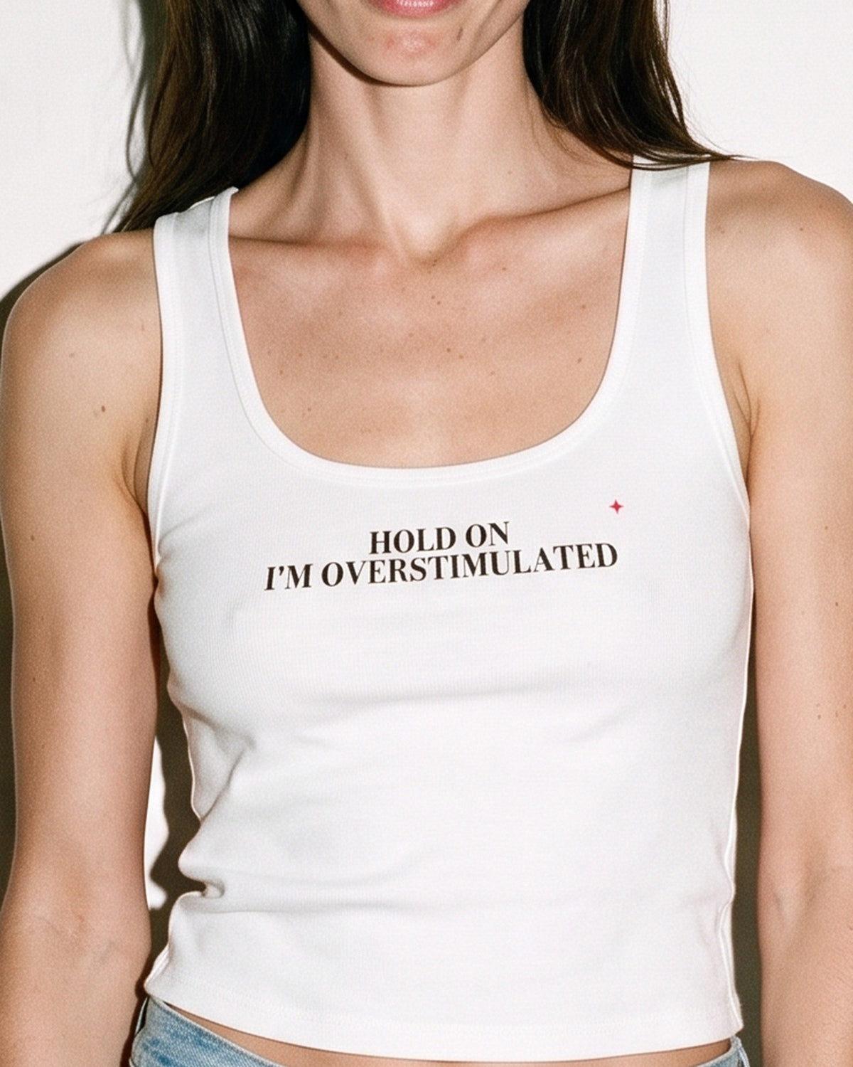 Hold On I'm Overstimulated Crop Tank, print close-up