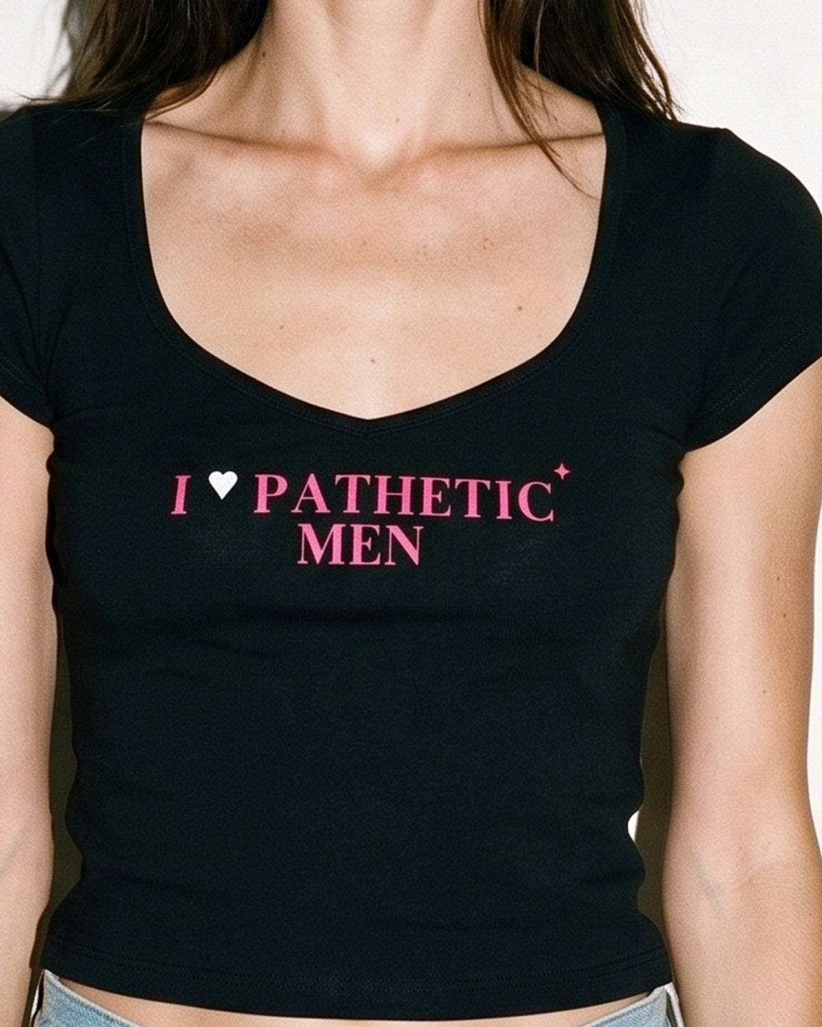 I Heart Pathetic Men Baby Tee, print close-up