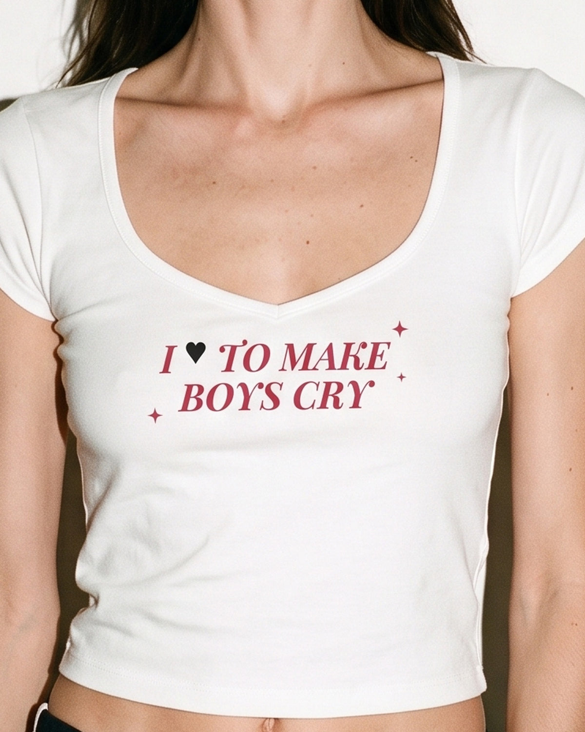 I Love To Make Boys Cry Baby Tee, print close-up
