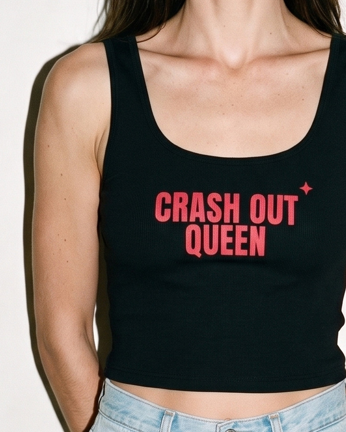 Crash Out Queen Crop Tank, print close-up