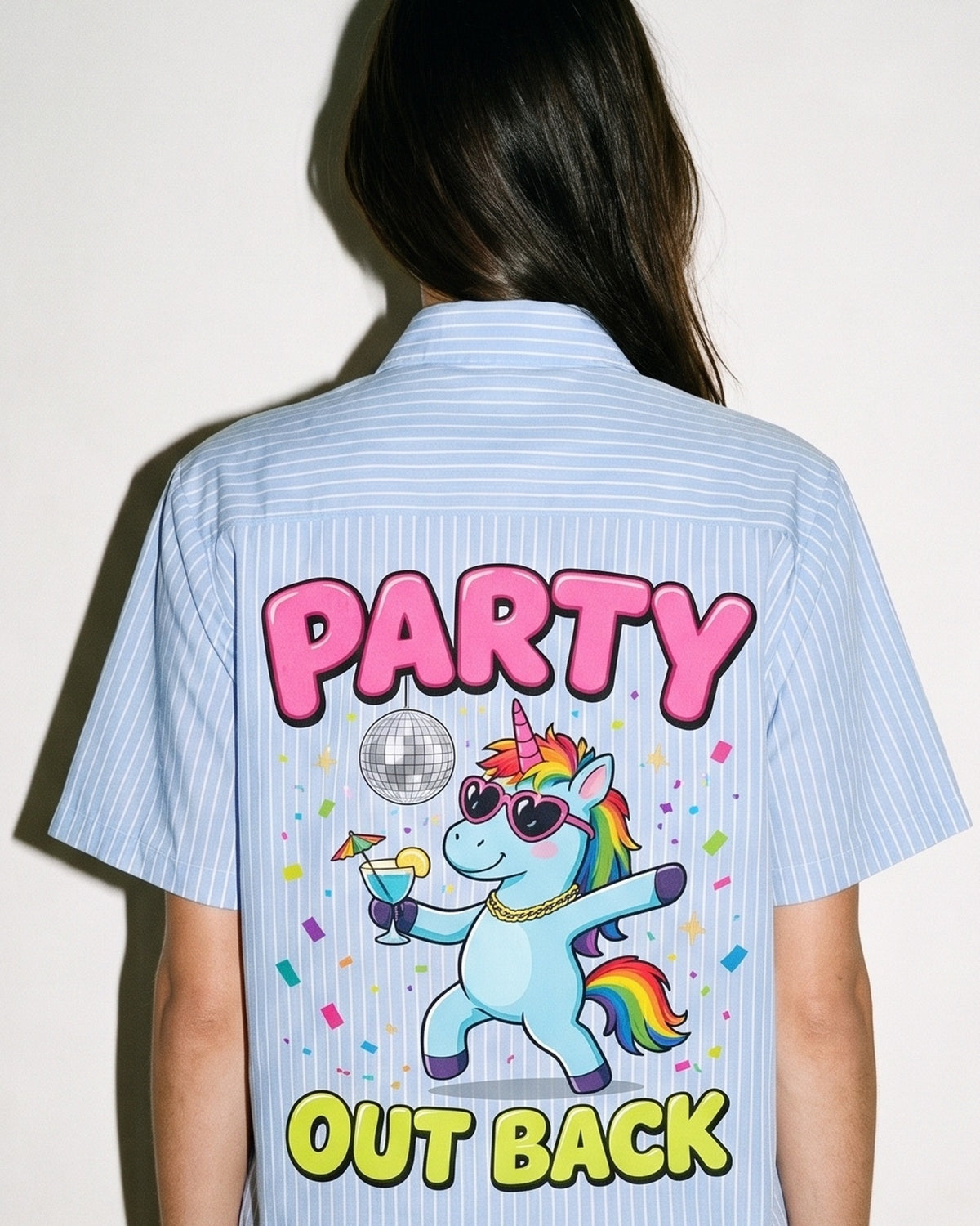 Business Up Front, Party Out Back Striped Shirt, print close-up
