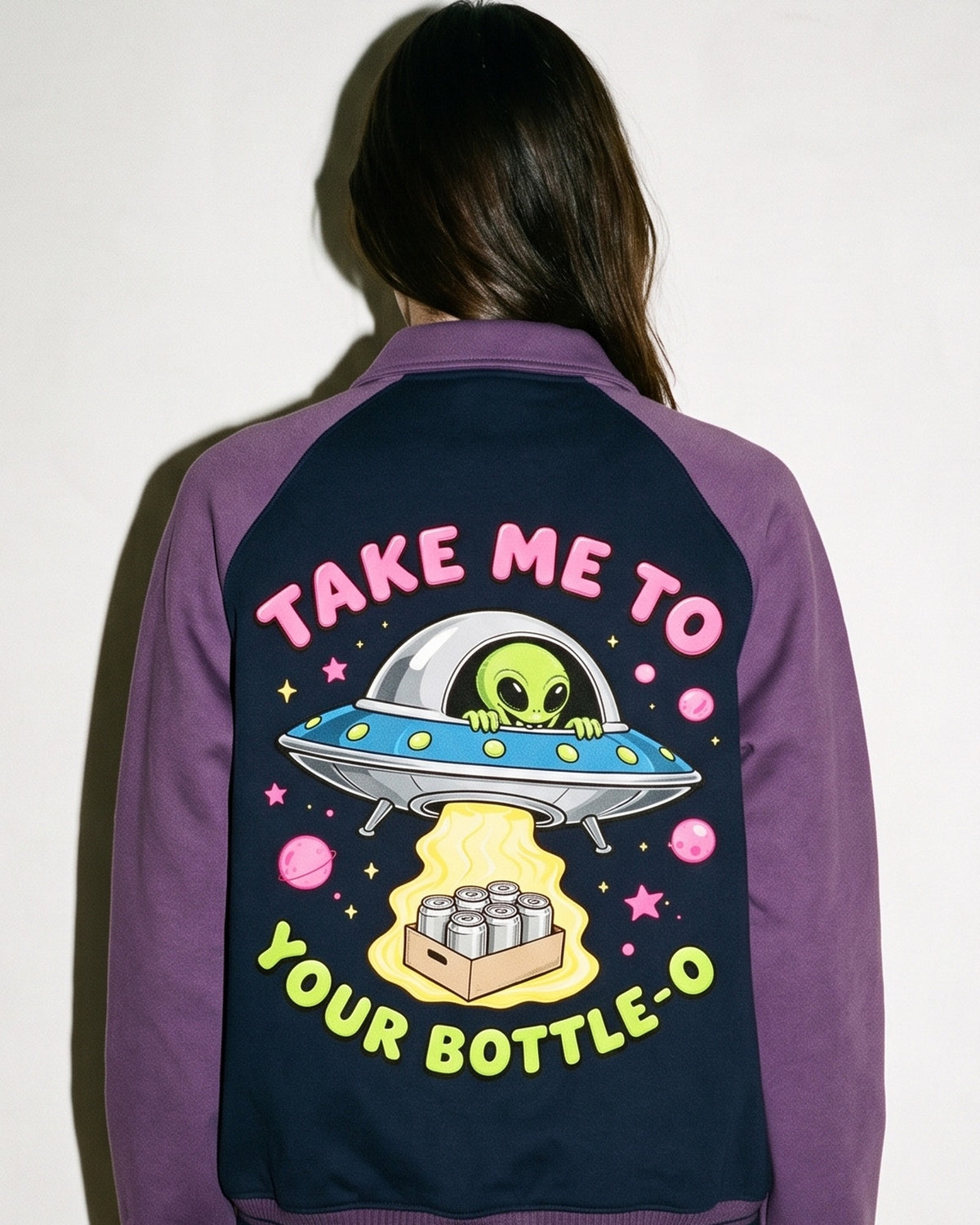 Take Me To Your Bottle-O Baseball Jacket, print close-up