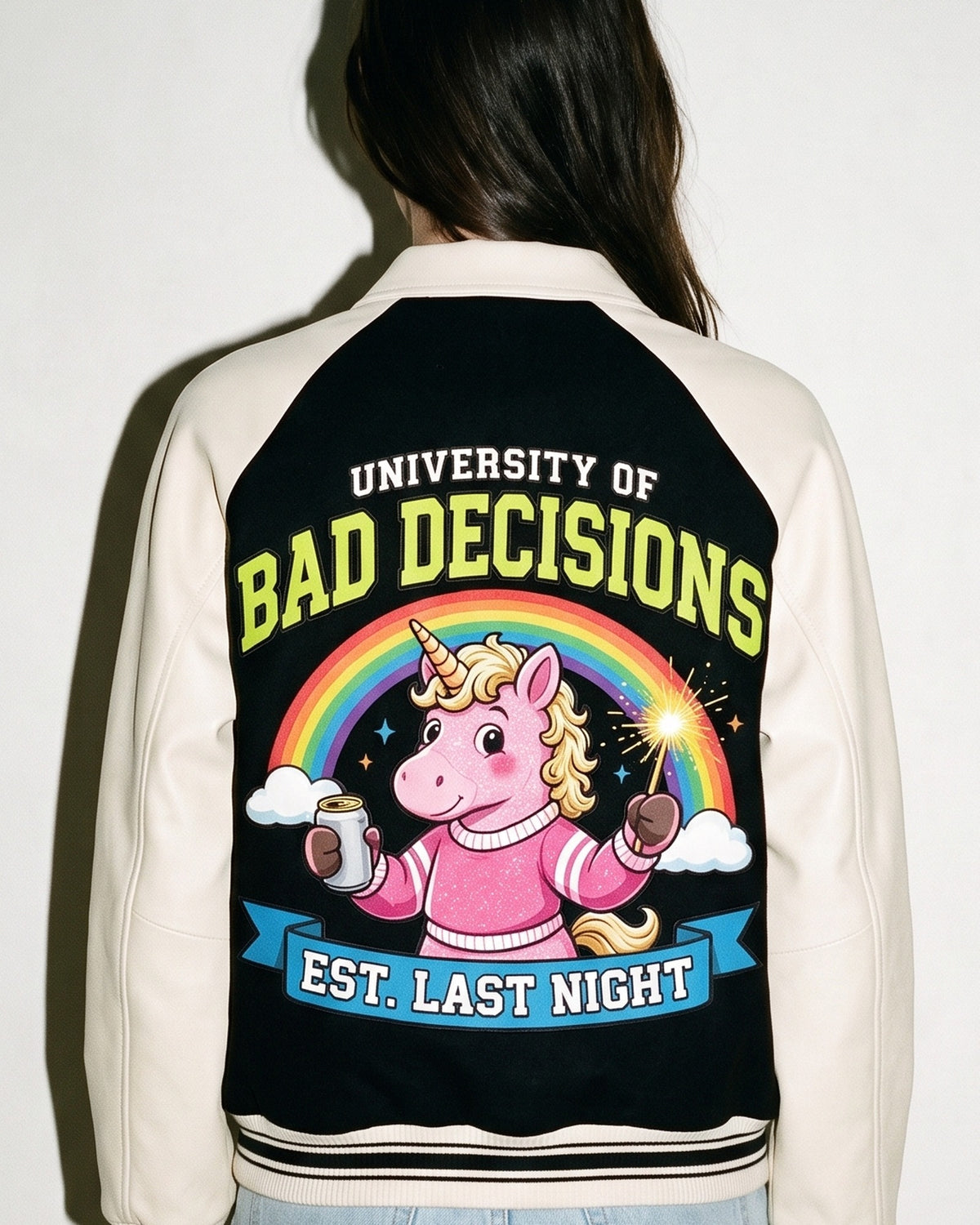 University Of Bad Decisions Baseball Jacket, print close-up